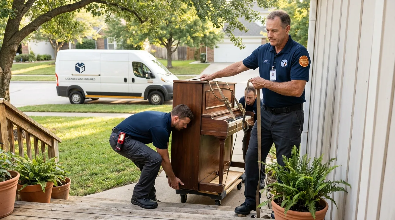 Licensed piano movers securing grand piano in Midway, FL