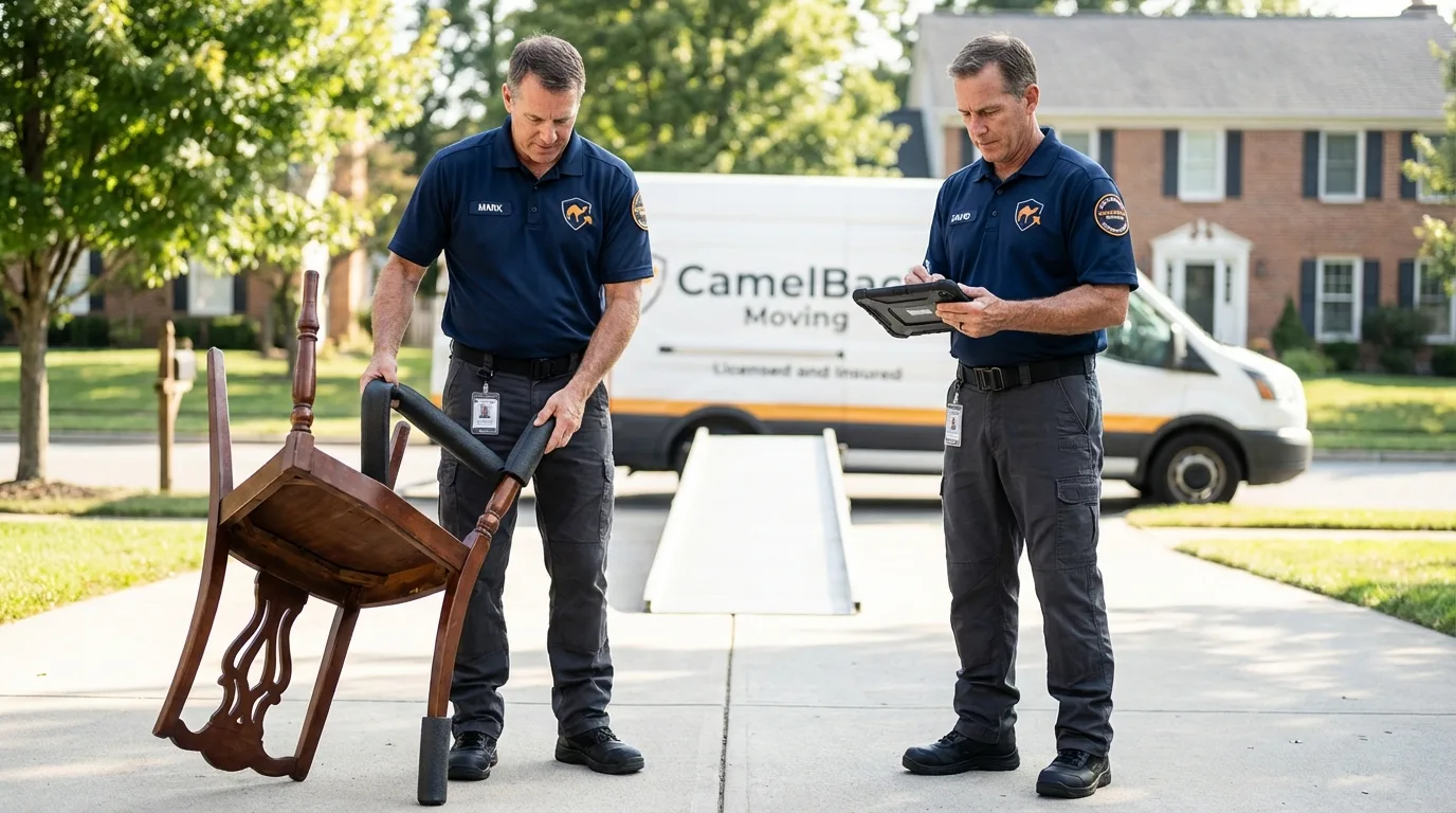 Movers inspecting furniture for damage prevention before loading in Midway, FL