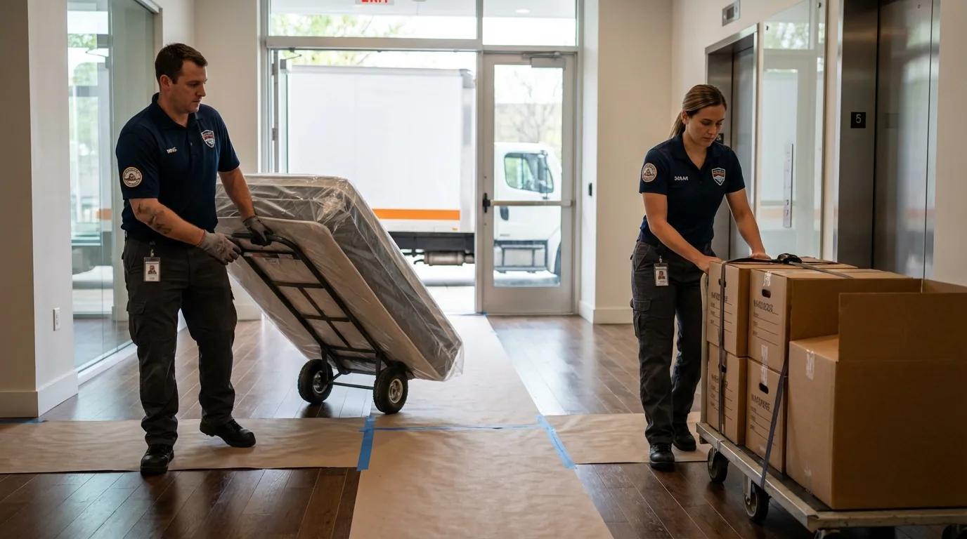 Professional apartment movers loading elevator in Midway, FL